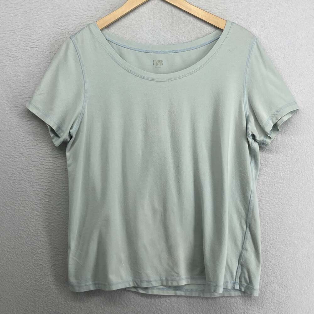 EILEEN FISHER Top L Stretch Organic Cotton Jersey Scoop Neck Short Sleeve Blue